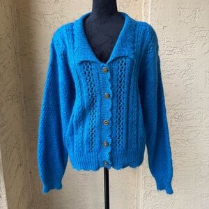 PASTA Mohair Knit Cardigan Blue Button Front Collared Sweater Size L